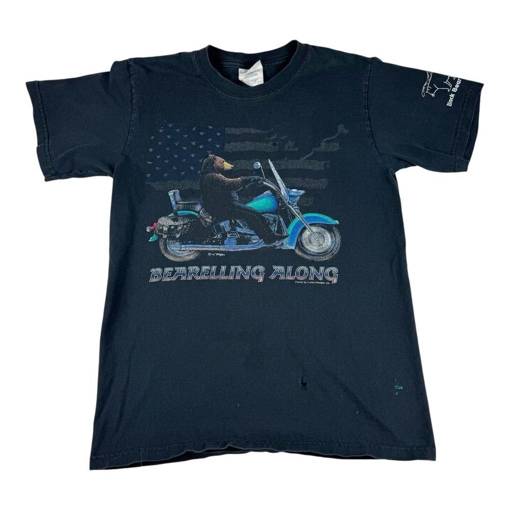 Vtg 90's Bear Motorcycle Graphic Tee T-Shirt Faded Black Distress Black Small